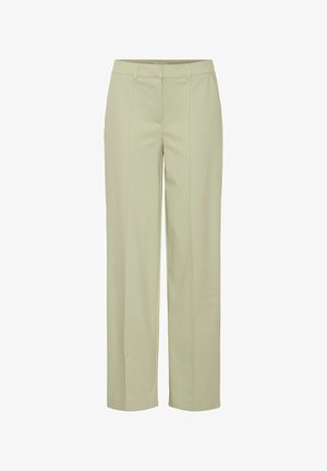 Svetlozelené, široké nohavice vyrobené z hladkej tkaniny, s plochým predným dielom, pútkami na opasok a bočnými vreckami. Žiadne viditeľné vzory ani akcenty.