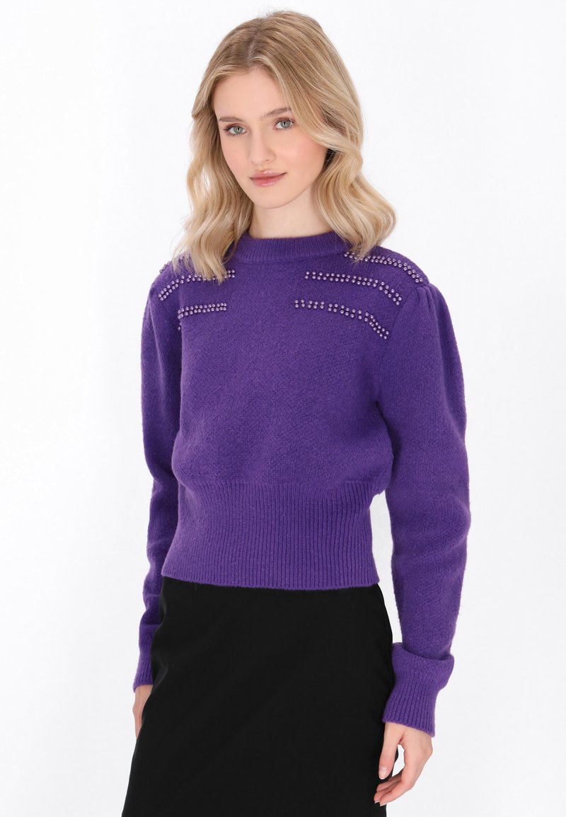 Violets adīts džemperis ar ribotām malām un piedurknēm. Iekļautas metāla pērļu akcenti uz pleciem. Mīksta tekstūra ar īsu dizainu.