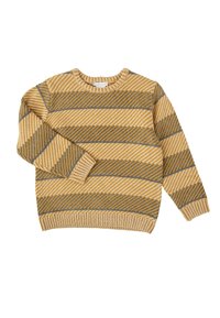 Suéter de punto con cuello redondo, que presenta rayas diagonales en amarillo, crema y gris. Puños y dobladillo acanalados; patrón texturizado en todo el tejido.