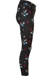 Fekete leggings virágmintával rózsaszín, fehér és kék színekben. Puha, nyújtható anyag, testhezálló fazon, magas derékkal.