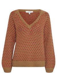 Pull en tricot couleur beige à col en V, avec un motif texturé de petites étoiles rouges partout et des poignets et un ourlet côtelés.