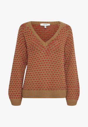 Jersey de punto en color marrón claro con escote en V, que presenta un patrón texturizado de pequeñas estrellas rojas y puños y dobladillo de canalé.