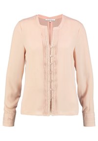 Blusa rosa chiaro a maniche lunghe con scollatura tonda, bottoni decorativi e pieghe frontali con dettagli in pizzo.