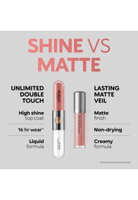 Twee lipproducten: Unlimited Double Touch met hoge glans en een vloeibare formule die 16 uur blijft zitten, en Lasting Matte Veil met een matte, niet-uitschijdende, romige formule.