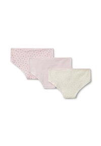 Tre paia di mutandine in rosa e crema. Una presenta un motivo floreale, mentre le altre sono in colori solidi. Realizzate in morbido cotone con bordi in pizzo.
