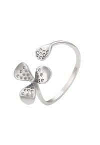 Sølv åbent ring med en blomst med tre kronblade og en lille tåreformet detalje, hvor hvert kronblad er prydet med små klare ædelsten.