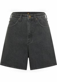 Shorts de mezclilla negra de talle alto con cierre de botón, diseño de cinco bolsillos y costuras de contraste. Presenta un corte recto y relajado.
