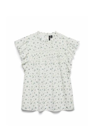 Witte blouse met korte mouwen, kleine blauwe bloemenprint en kantdetail over de borst, met een gerafeld ronde halslijn.