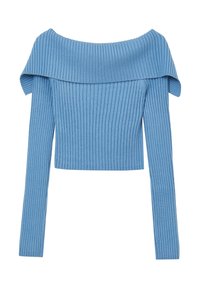 Helles blaues, schulterfreies, geripptes Strickoberteil mit langen Ärmeln und cropped Länge, das ein strukturiertes vertikales Muster aufweist.