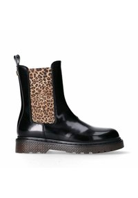 Stivaletti Chelsea in pelle verniciata nera con pannello elastico a stampa leopardata, suola piatta in materiale marrone testurizzato e linguetta per una facile calzata.