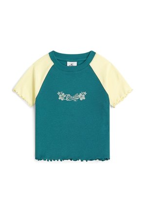 Türkisfarbenes Baumwoll-T-Shirt mit gelben, gerippten Kurzärmeln, gewelltem Saum und weißem Blumen-„O’Neill“-Logo auf der Vorderseite.