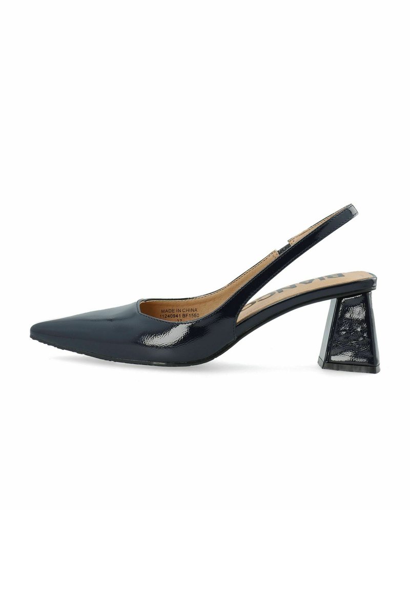 Slingback pump in glossy black patent leather with a pointed toe and a geometric block heel featuring a textured pattern.