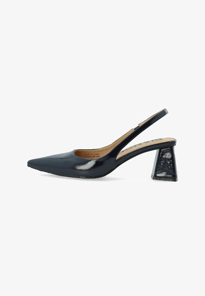 Slingback pump in glossy black patent leather with a pointed toe and a geometric block heel featuring a textured pattern.