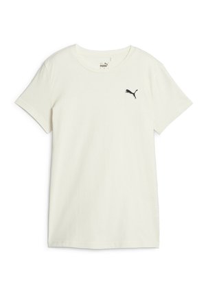 Prosty biały t-shirt z krótkim rękawem, okrągłym dekoltem i małym czarnym logo Puma na lewej piersi.