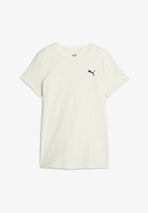 Prosty biały t-shirt z krótkim rękawem, okrągłym dekoltem i małym czarnym logo Puma na lewej piersi.