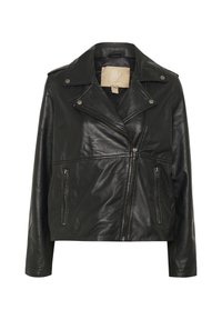 Melnas ādas motocikla jaka ar iegrieztu apkakli, asimetrisku rāvējslēdzēju, divām priekšējām rāvējslēdzēja kabatām un minimālu šuvju detalizāciju.