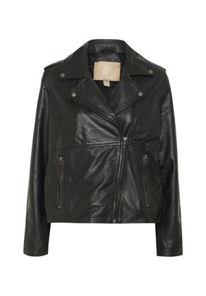 Giacca da moto in pelle nera con colletto a scialle, cerniera asimmetrica, due tasche frontali con zip e dettagli di cucitura minimali.