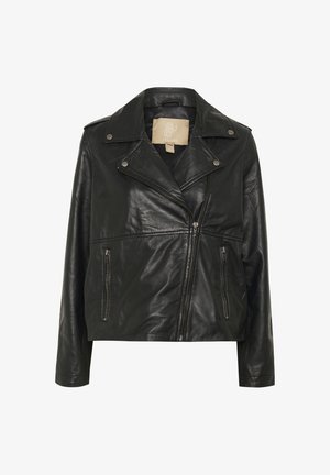 Musthave nahkane motorratturi jakk, millel on sakiline krae, ebalev tõmblukk, kaks eesliistude tõmbetaskut ja minimaalne õmbluste detail.