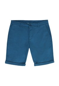 Raffinati pantaloni corti in cotone blu con frontale piatto, chiusura a bottone e orlo arrotolato. Tessuto morbido con tasche laterali e cuciture pulite.