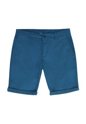 Raffinati pantaloni corti in cotone blu con frontale piatto, chiusura a bottone e orlo arrotolato. Tessuto morbido con tasche laterali e cuciture pulite.