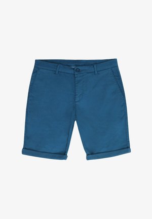 Pantalones cortos de algodón azul con frente plano, cierre de botón y dobladillo enrollado. Textura suave con bolsillos laterales y costuras limpias.