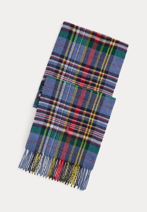 Eșarfă de lână pliată cu model tartan multicolor în albastru, verde, roșu, galben și margini franjurate pe un fundal alb.