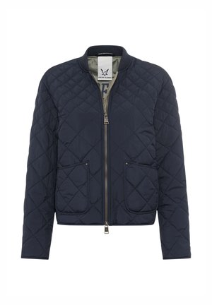 Marineblaue gesteppte Jacke mit Frontreißverschluss, zwei großen Fronttaschen und einem gerippten Kragen, abgebildet auf weißem Hintergrund.