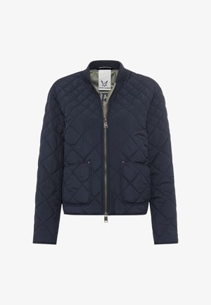 Marineblaue gesteppte Jacke mit Frontreißverschluss, zwei großen Fronttaschen und einem gerippten Kragen, abgebildet auf weißem Hintergrund.