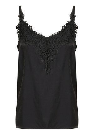 Camiseta negra sin mangas con escote en forma de V y un intrincado detalle de encaje en el escote. Presenta tirantes finos y una tela suave y ligera.