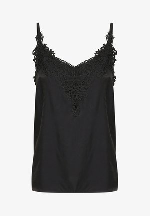 Black camisole with a v-neck and intricate lace detailing at the neckline. Features spaghetti straps and a smooth, lightweight fabric.