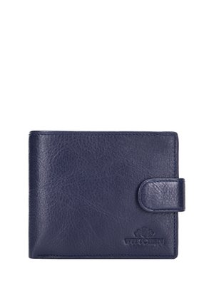 Portafoglio in pelle blu navy con patta con chiusura a scatto e logo del marchio in rilievo nell'angolo inferiore destro.