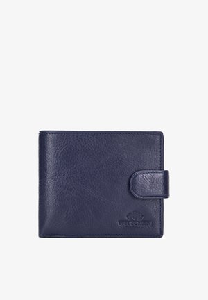 Granatowy skórzany portfel z klapką zapinaną na zatrzask i wytłoczonym logo marki w prawym dolnym rogu.