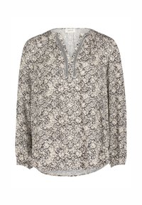 Langärmlige Bluse mit V-Ausschnitt, die ein schwarzes und cremefarbenes Blättermuster aufweist, aus weichem Stoff besteht und einen leicht abgerundeten Saum hat.