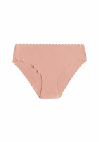 Roze ondergoed met golvende rand, gemaakt van zachte stof, met een gladde textuur en zonder zichtbare patronen of hardware.