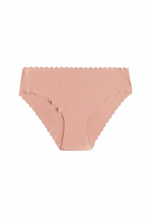 Roze ondergoed met golvende rand, gemaakt van zachte stof, met een gladde textuur en zonder zichtbare patronen of hardware.