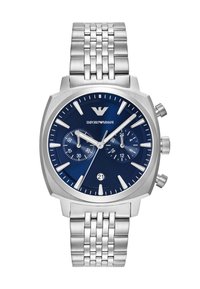 Silberne Armbanduhr aus Edelstahl von Emporio Armani mit blauem Zifferblatt, zwei Unterzifferblättern, Datumsfenster bei 6 Uhr und Chronographen-Tasten an der Seite.