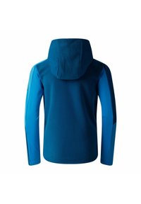 Dunkelblaues Fleece-Jackett mit leichten blauen Akzentärmeln, das eine weiche Textur und einen lockeren Schnitt bietet. Geeignet für die Freizeit im Freien.