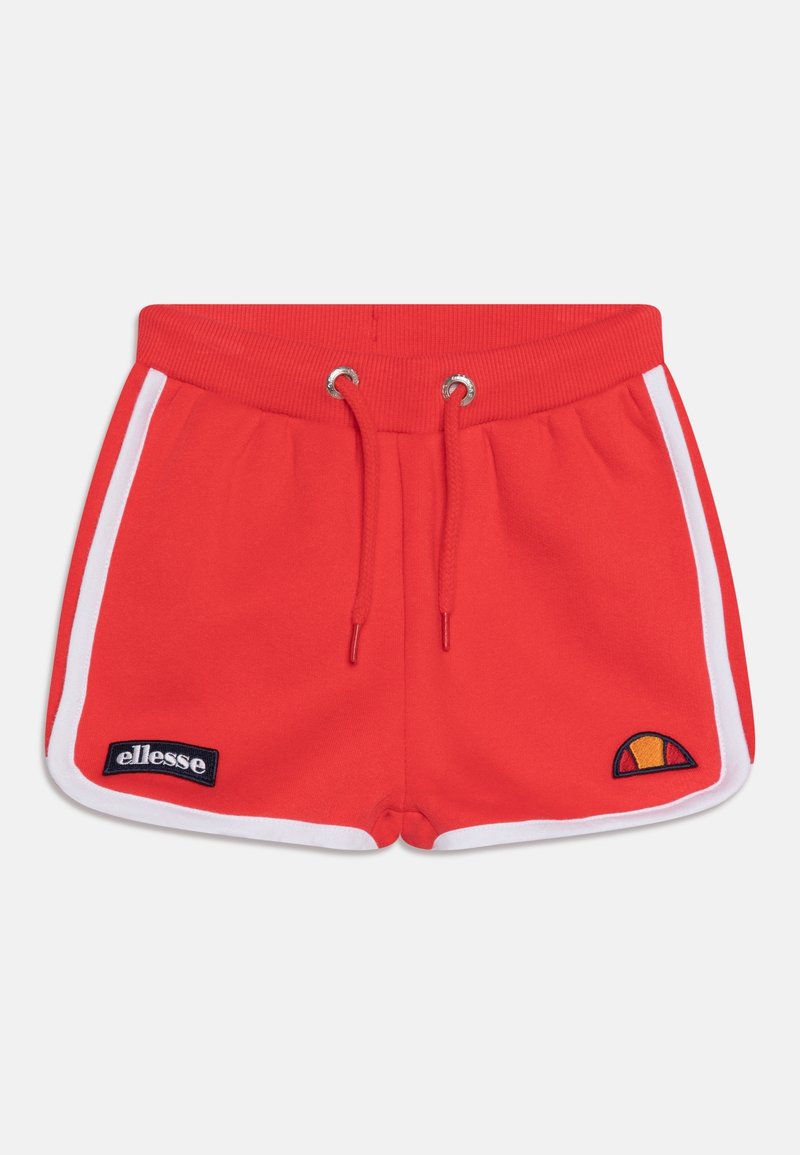 Shorts de sport rouges avec bandes latérales blanches, taille élastique, cordon de serrage et patch logo noir. Comprend un détail brodé orange et jaune.