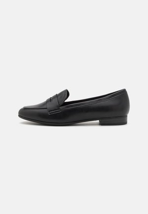 Black leather loafers featuring a rounded toe, subtle stitching, and a low heel. Smooth texture with a classic design.