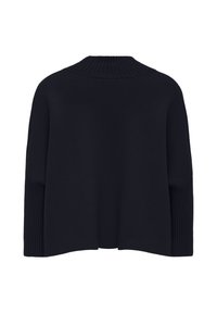 Maglione nero a maglia con collo alto, maniche a coste e vestibilità comoda. Tessuto liscio e design senza fronzoli. Visuale posteriore mostrata.
