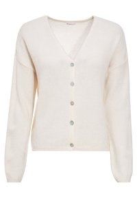 Cardigan en tricot de couleur crème avec des manches longues, un col en V et cinq boutons de couleurs pastel variées. Texture douce et coupe décontractée.