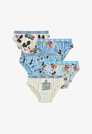 Cinq paires de slips pour enfants avec divers imprimés colorés de Mickey Mouse et logos sur fond bleu clair et crème.