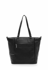 Schwarze Ledertasche mit zwei oberen Griffen, Vordertasche mit Reißverschluss und strukturiertem Finish. Rechteckige Form, geräumiges Design und minimale Hardware-Details.