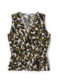 Beżowy top bez rękawów o fasonie peplum z krzyżującym się krojem w abstrakcyjny wzór w brązie, granacie i bieli; wykonany z lekkiego materiału.