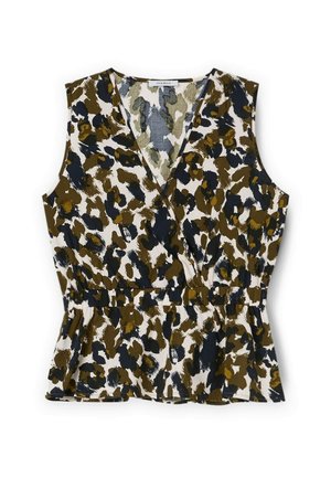 Sleeveless peplum top featuring a wrap design in an abstract brown, navy, and white pattern; made from lightweight fabric.