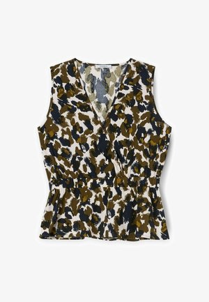 Beżowy top bez rękawów o fasonie peplum z krzyżującym się krojem w abstrakcyjny wzór w brązie, granacie i bieli; wykonany z lekkiego materiału.