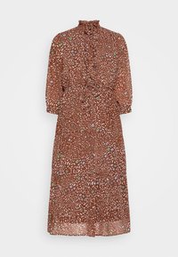 Braun gemustertes Kleid mit gerafftem hohen Kragen, langen Ärmeln und floralen Akzenten. Hergestellt aus leichtem, fließendem Material und mit gebundenem Taillenzug.