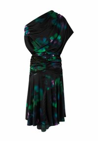 Crna haljina sa drapiranim jednim ramenom, s naboranim korzetom, živahnim motivima cvijeća u zelenoj i ljubičastoj boji te lepršavim rubom.