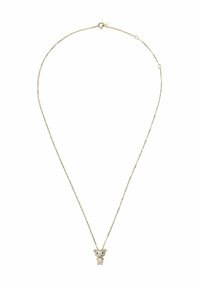 Collar de tono dorado con un colgante en forma de oso adornado con piedras preciosas transparentes, sobre una delicada cadena con cierre de langosta.