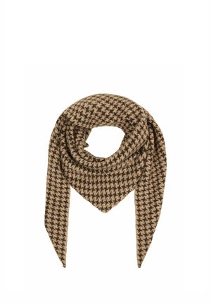 Brown and beige houndstooth patterned triangular scarf folded with the point centered and ends hanging down.